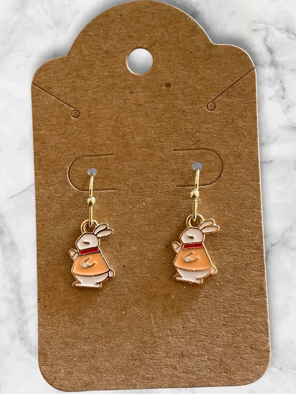 Gold Bunny Charm Drop Earrings in Peach and White